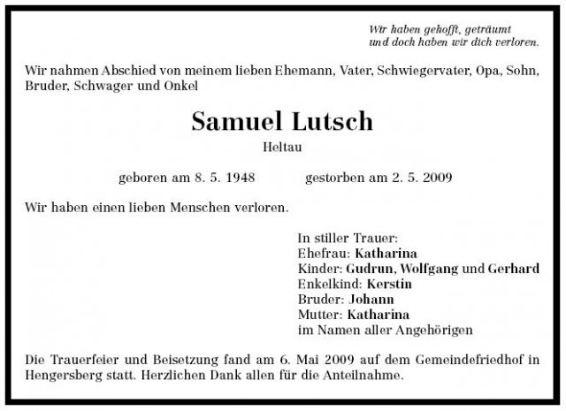 Lutsch Samuel 1948-2009Todesanzeige